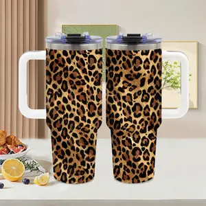 Leopard Print, 40oz tumbler with handle, Summer Ice Stainless Steel Vacuum Insulated Travel Mug, Brown Animal Pattern design, Leopard Lover Gift, for travel and office, Water Bottle, Tumbler Gift for Women and Men, iced coffee cup