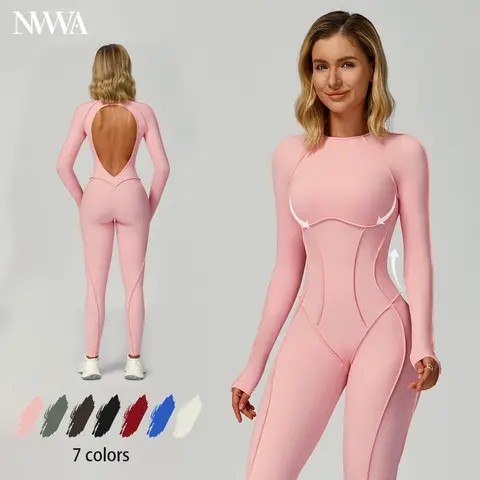 NVWA Women's Seamless Knit Nylon-Spandex Tummy Control Jumpsuit - Backless, Compression Long Sleeve, Sporty Comfy Workout Romper Overalls with Tennis Skirt, Shorts, Tie-Front Tracksuit for Gym, Hiking Workout Gym Clothing,outdoorfun