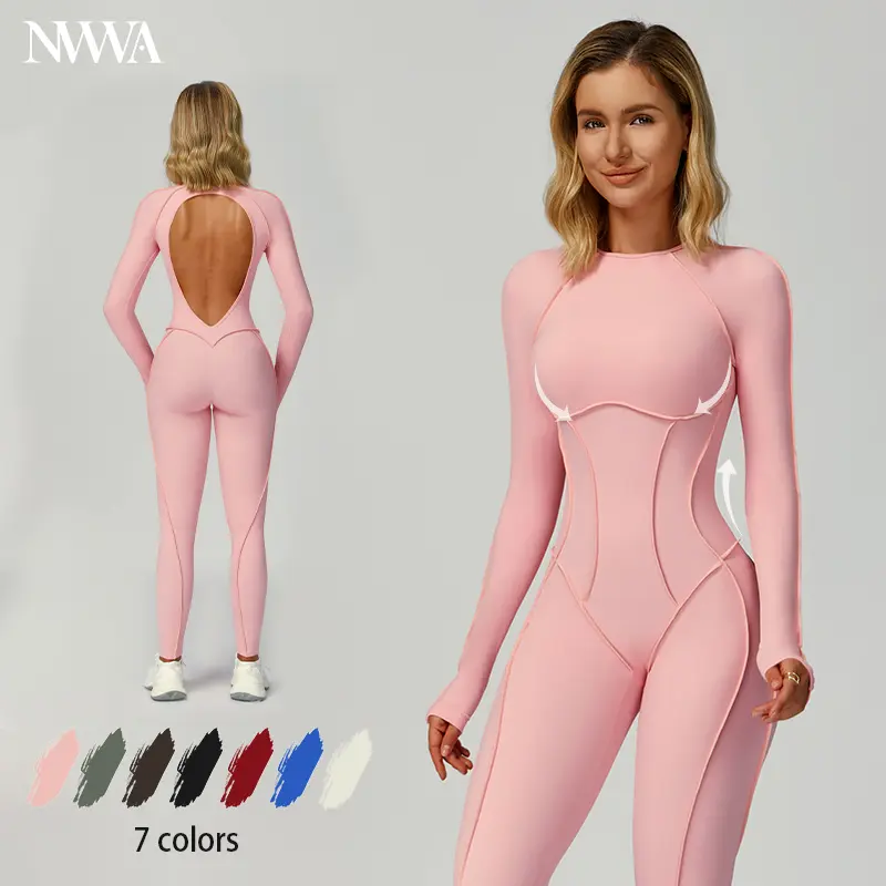 NVWA Women's Seamless Knit Nylon-Spandex Tummy Control Jumpsuit - Backless, Compression Long Sleeve, Sporty Comfy Workout Romper Overalls with Tennis Skirt, Shorts, Tie-Front Tracksuit for Gym, Hiking Workout Gym Clothing,outdoorfun