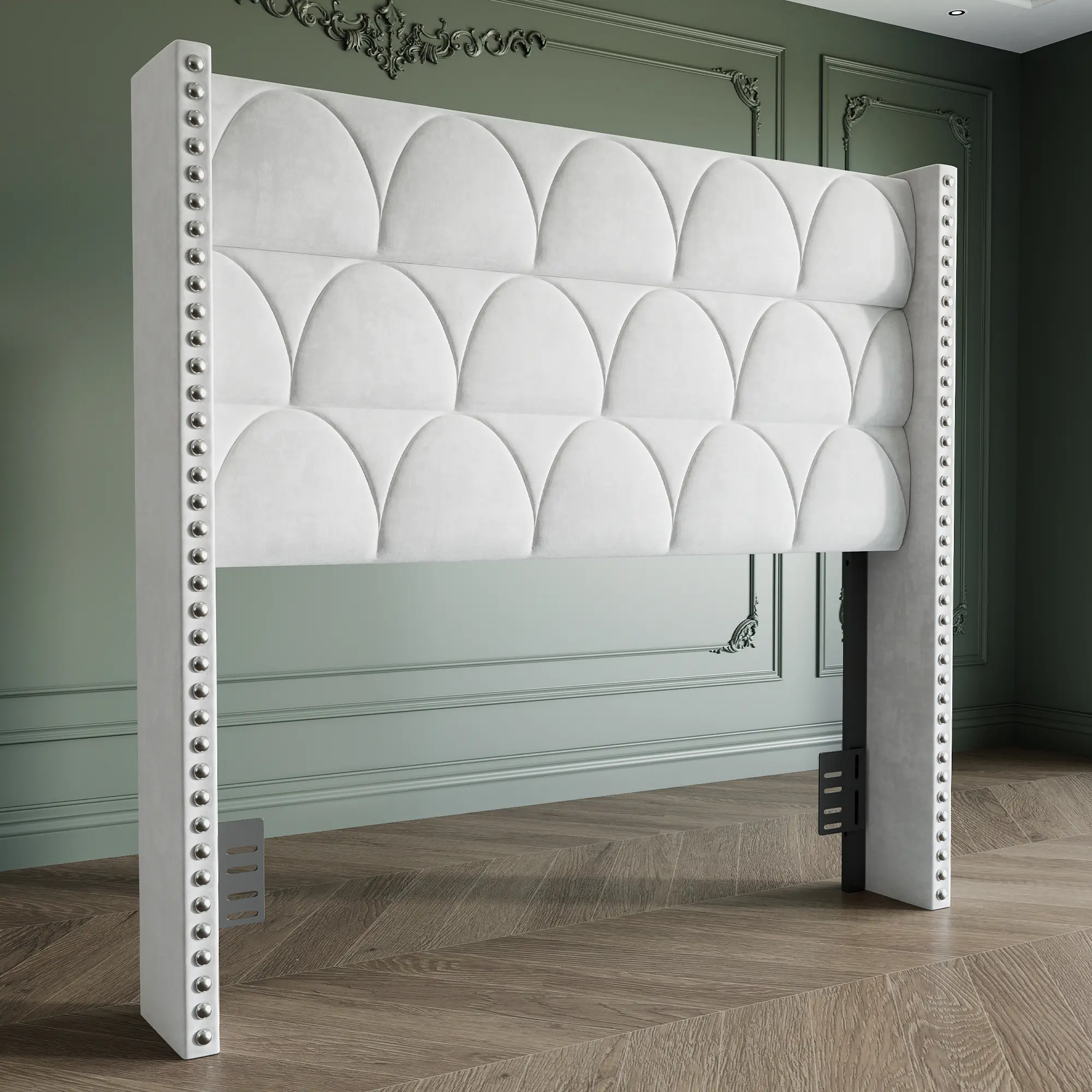 Queen Upholstered Headboard, 56" Tall White Velvet Wingback Headboard with Padded Curved Panels, Nailhead Trim and Adjustable Bed Frame Mounts