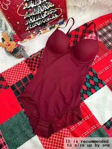 Christmas New Year Gift, Ruched Deep V Jumpsuit, Plain Design, Regular Length, Casual Style, All Seasons, Women's Bodycon Underwear