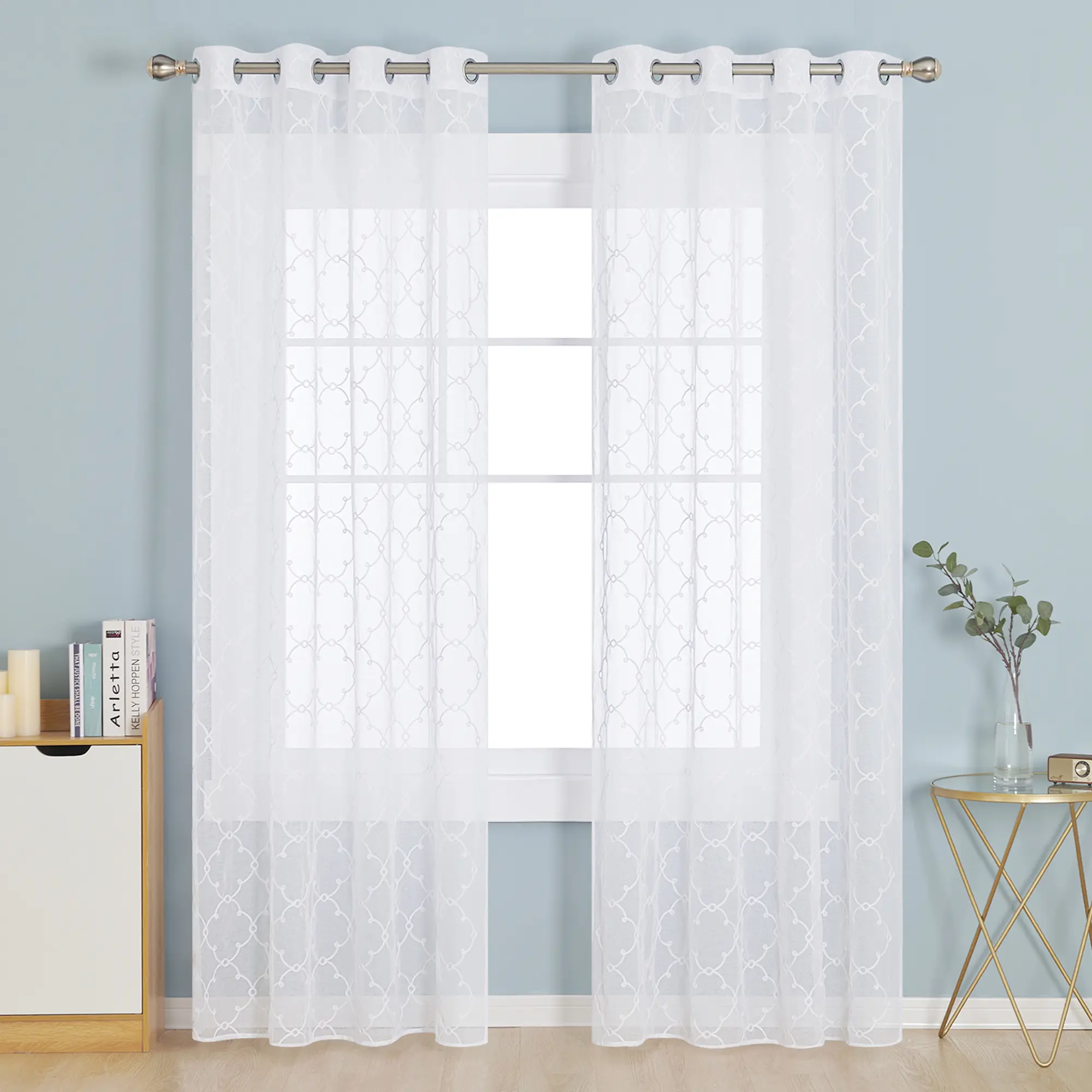 Deconovo Ready-Made Embroidered Semi-Sheer Lightweight Curtains, Elegant Flower Embroidery Grommet Top, for Window Decor, Ready Made Curtains