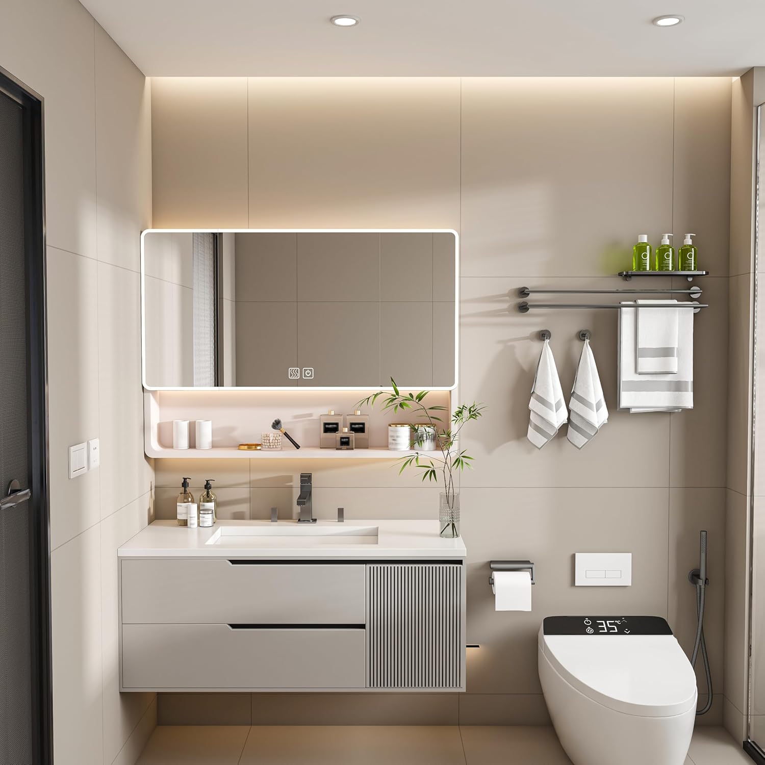 Aluminium Medicine Cabinet Mirror, 36 * 28in Tri-Color LED Light Bathroom Mirror with Cosmetic Storage Rack, Hair Dryer Holder and Defogging Function-khaki