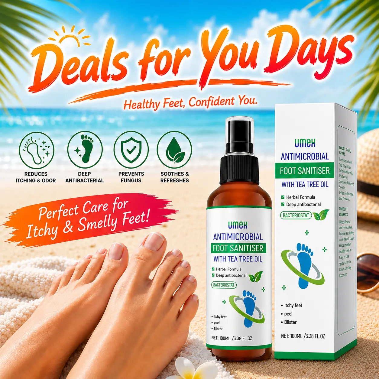 UMEX Tea Tree Foot Spray Kills Fungus & Odor Fast 97% Stink Elimination Repair Cracked Heels 100ml Quick-Dry Formula Clinically Tested Natural Antiseptic - Moisturizing Intensive Foot Care Foot Care Tool Summervibes
