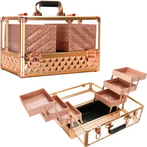 Ver Beauty Professional Jewelry & Makeup Organizer, Heavy Duty Acrylic Travel Case with 6 Extendable Trays and Keylocks (Rose Gold Diamond)