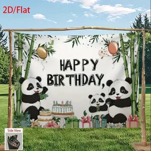 Panda-Themed Happy Birthday Party Banner - Polyester Fabric Backdrop with Cake & Gifts for Birthdays Weddings Father's Day & Mother's Day Decorations Reusable Playful Design White Ornaments