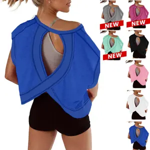 UANEO Women's Open Back Tops Y2K Short Sleeve Workout Shirts Casual Yoga  Gym Slouchy Crop Running Tees