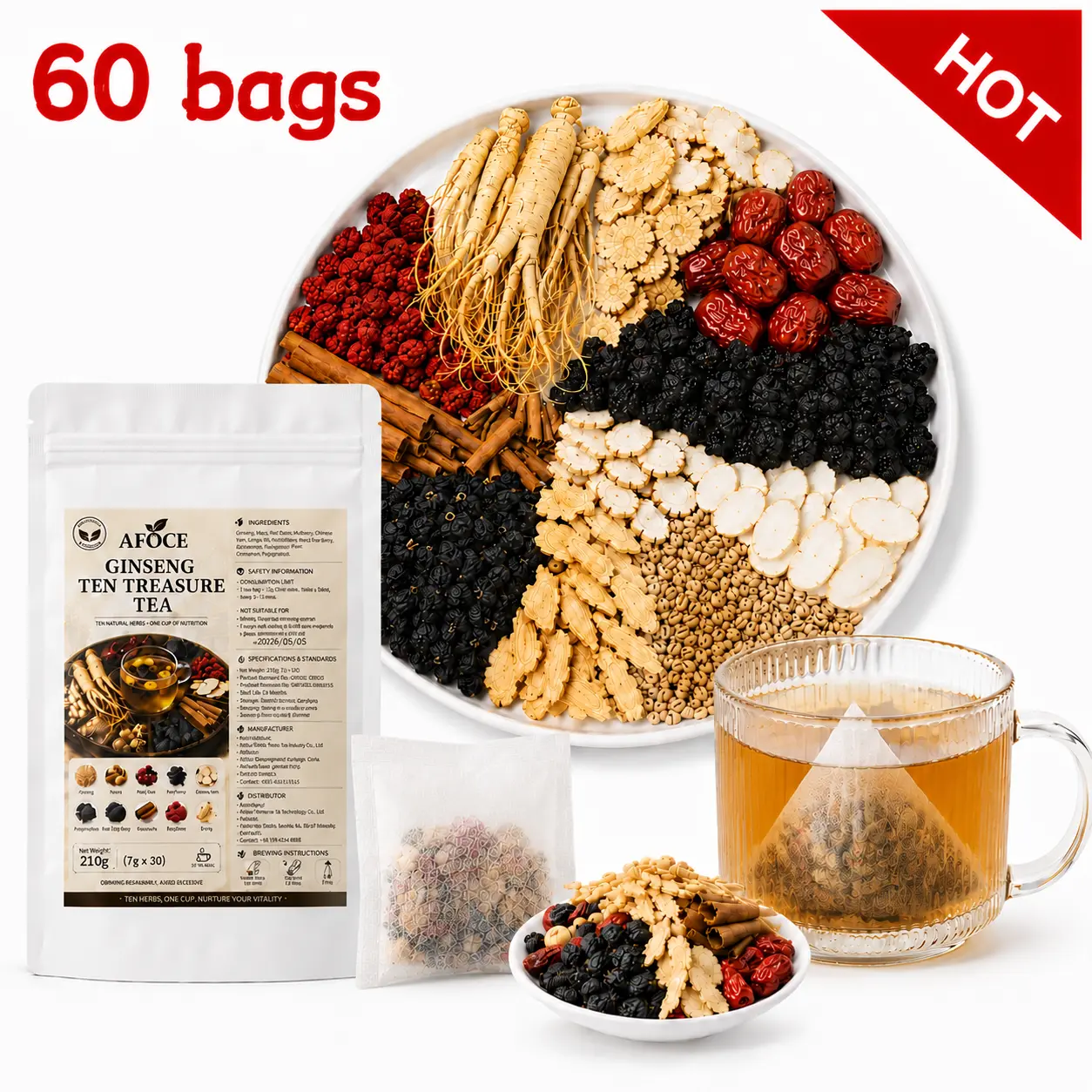AFOCE Kidney Tea Formula for Men, Ginseng Herbal Tea Bags, 10-Treasure Blend with Maca, Red Date, Mulberry & Black Goji Berry