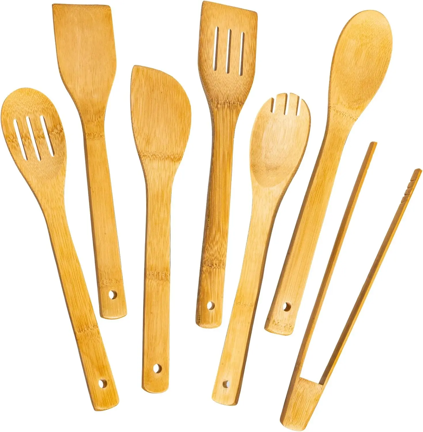 7-Piece Bamboo Wooden Kitchen Utensils Set - Non-Scratch, Nonstick-Safe Cooking Tools with Strainer, Slotted Spoon, Natural Wood Spatula, Easy to Operate, Ideal Housewarming Present for Mom