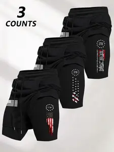 Men's Summer Fashion Casual Faux Two-Piece Shorts Pants, Digital Flag Pattern Print Drawstring Gym Shorts 3 Pack