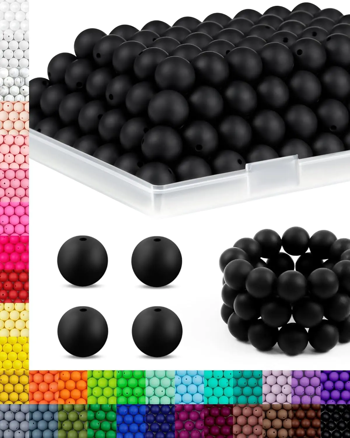 150PCS FIVEIZERO Silicone Beads for Keychain Making – 15mm Bulk Rubber Beads for DIY Crafts, Bracelets, Necklaces, and Pens (Black)
