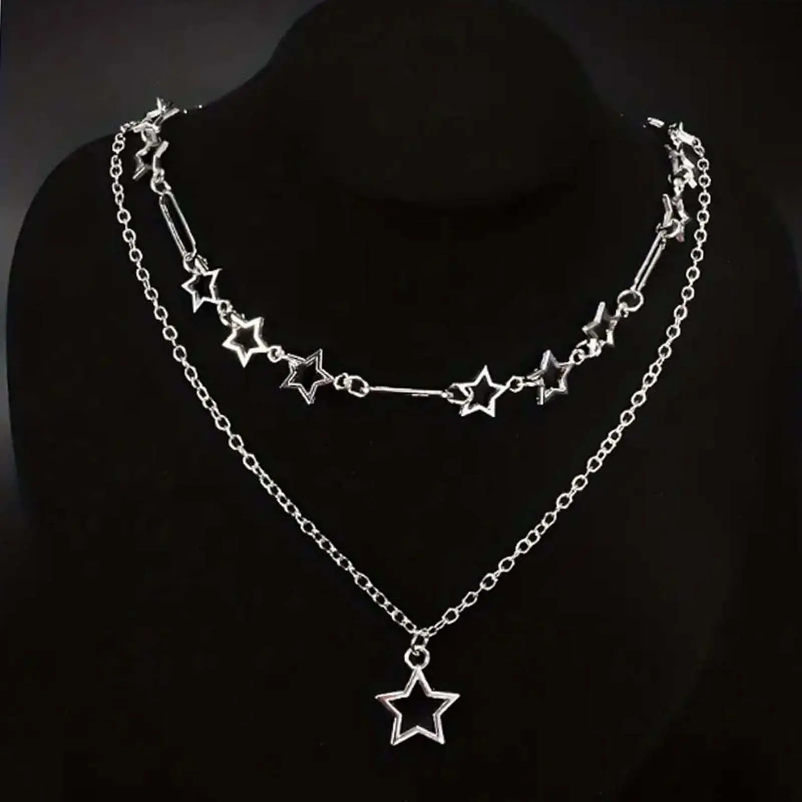 Women's Stylish Layered Celestial Pendant Necklace Set - 2-Piece Silver-Tone Metal Clavicle Chains, Adjustable Length, Synthetic Gemstone Charms, Versatile Artificial Gemstone Jewelry Accessory, Trendy Charms Necklace, Casual, Unisex, Layered Necklaces Wo