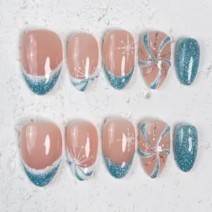 [Snowflake] Short Almond Handmade Press on Nails, Fake Nails with Nail tool kit with Jelly Stickers, Reusable, Durable