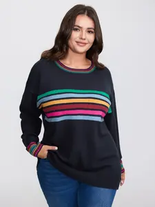 【Summer Turn-Up】【Essential】BlOOMCHIC Plus Size Supersoft Colorful Stripe Pullover Fitted Long Sleeve Round Neck Winter Leisure Casual Indigo Striped Medium Length Garment Modal Womenswear Sweatshirts Fabric Tops [M-6X] 2026 Summer Pick for Mother's Day