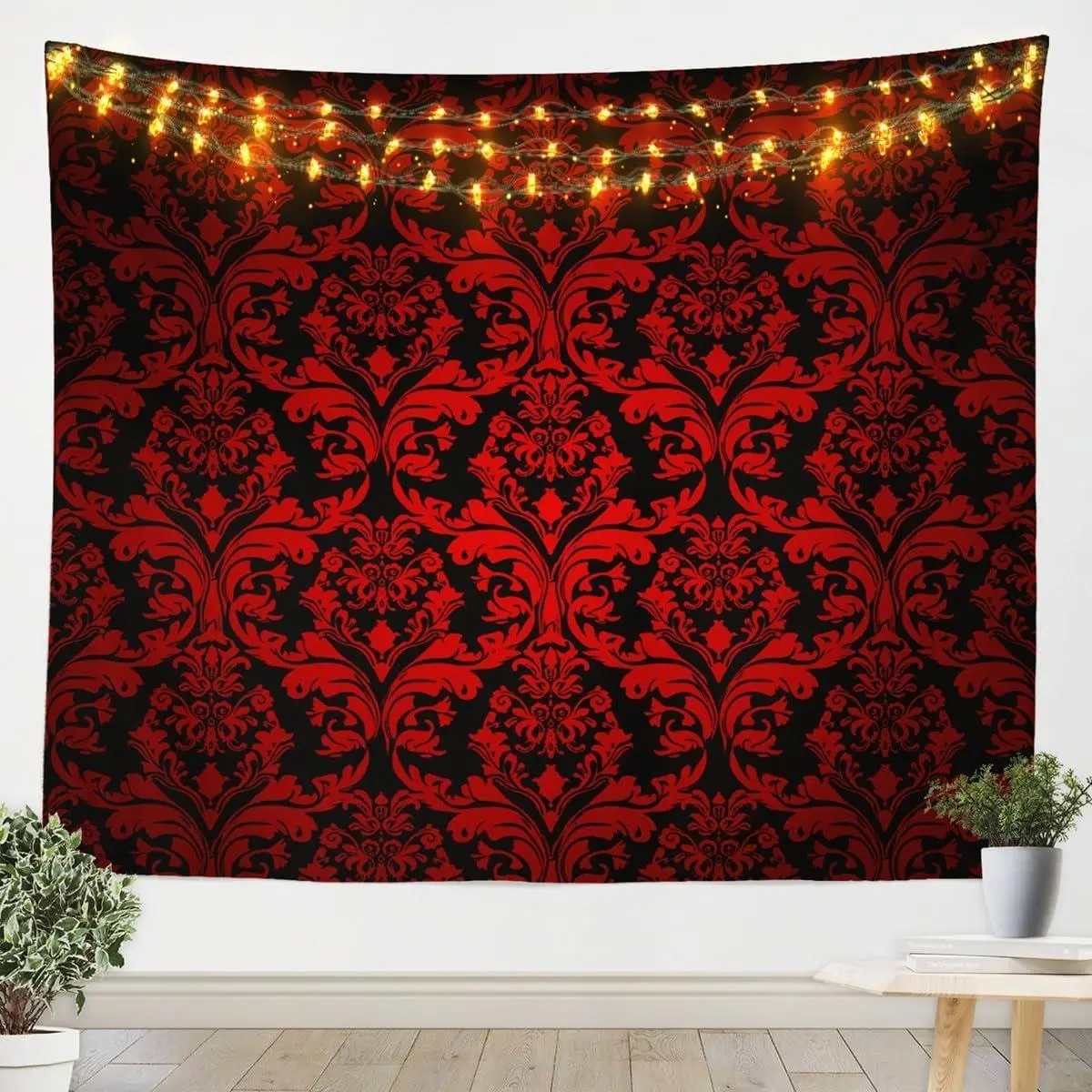 Boho Floral Tapestry Bedroom Victorian Wall Tapestry Aesthetic Small,Gothic Paisley Tapestries Baroque Vintage Damask Goth Wall Art,Red Black Antique Flowers Bohemian Decor