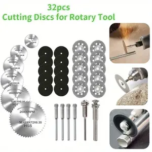 32Pcs Mini Rotating Tool Kit for Marble,Ceramic Tiles,Plastic,Wood,Stone Pipes & Glass-Includes 10 Resin Discs,10 Diamond Wheels,6 High-Speed Steel Blades, Detachable Covers, Metal Material tool kit set