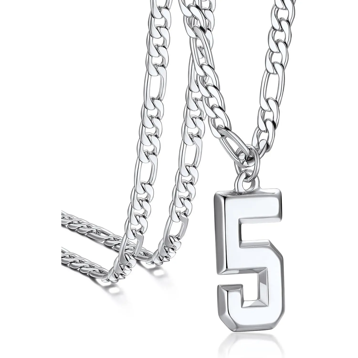 Sporty Jersey Number Necklace for Men, 316L Stainless Steel Pendant (0-9) with 22+2 Inch Figaro Chain, Athletic Gift for Players, Sporty Necklaces