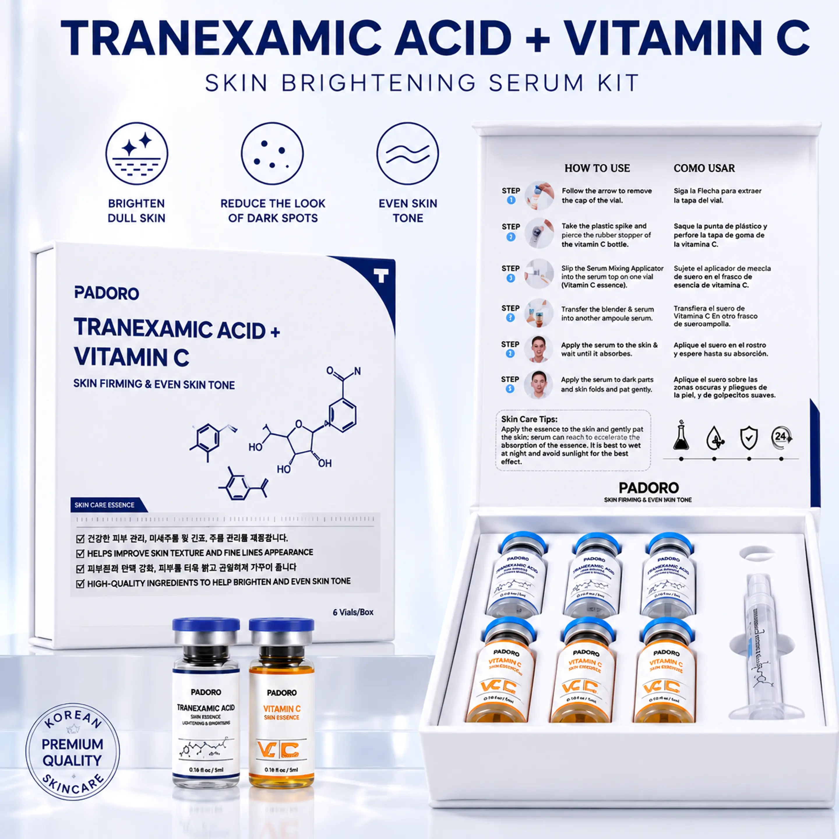 PADORO TRANEXAMIC ACID + VITAMIN C Hybrid Essence Serum, can be used both day and night, brightens your skincare routine, helps skin become smooth and tender.