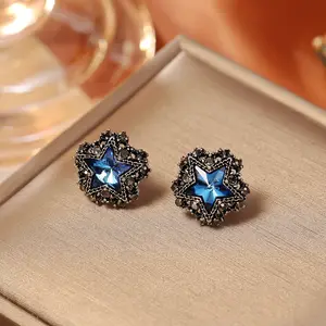Sweet & Cool Five-pointed Star Zircon Stud Earrings, Punk Hip Hop Unique Designer Premium Delicate Ear Jewelry