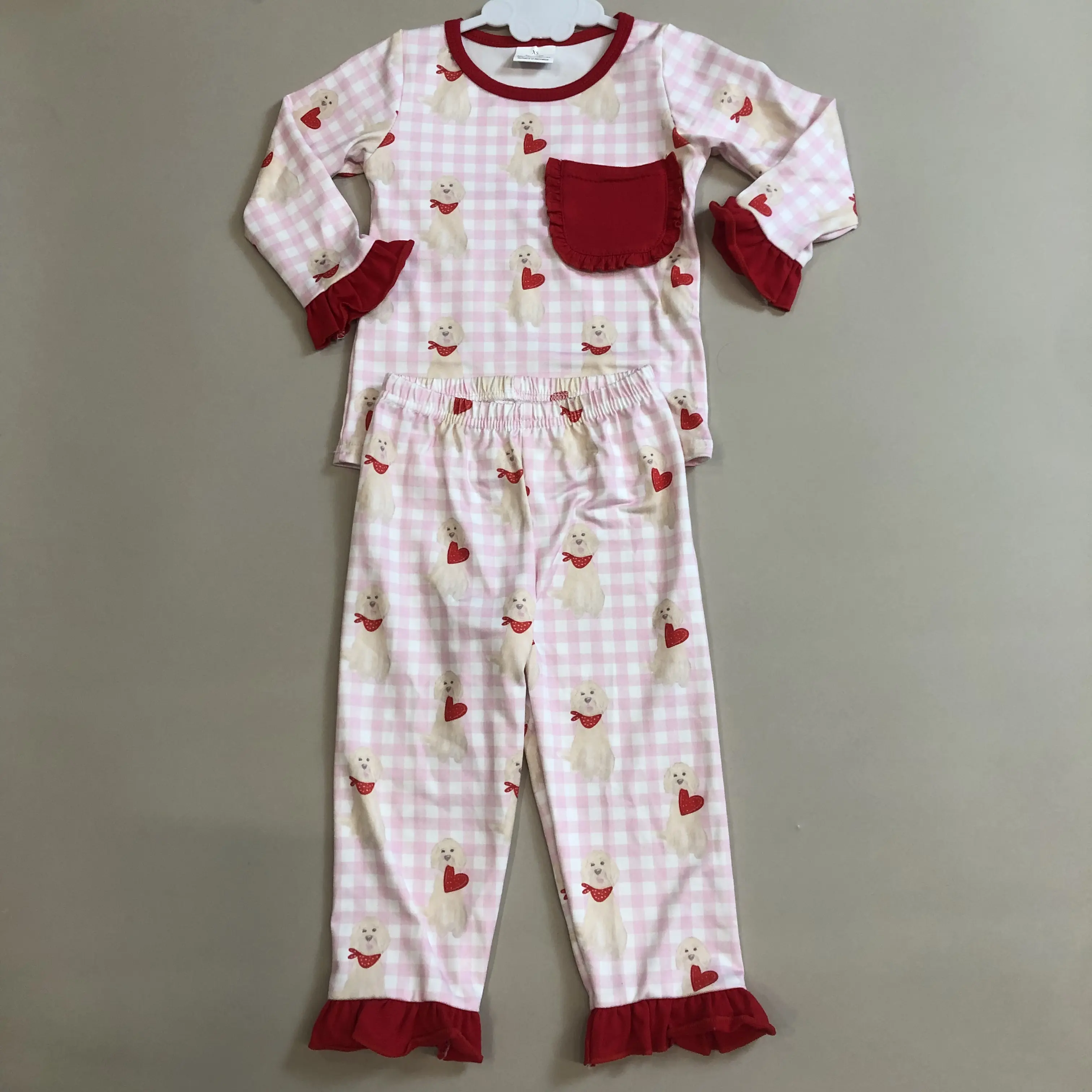 Girls' Red Heart Puppy Dog Bell 2-Piece Pajama Set with Pockets, C Girl Valentine's Day Sleepwear, 0-3m to 2t, 95% Spandex+5% Cotton, Stylish Garments Factory, Do Not Wash, GLP2880, 3-6M, 6-12M