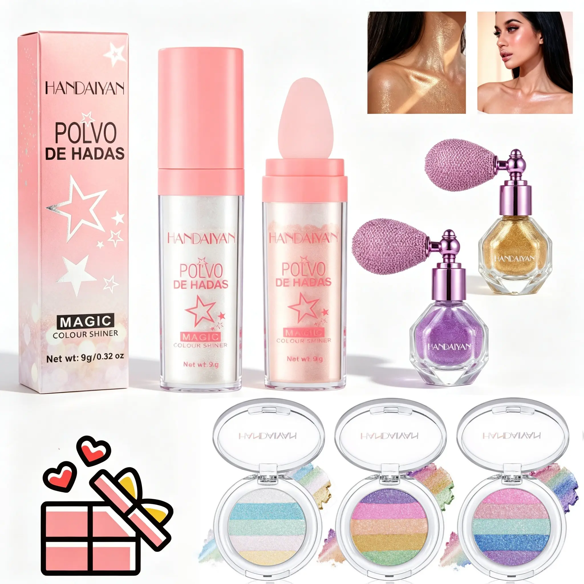 Shimmer Makeup Highlighter Product Collection - Fairy Dust Highlight Patting Body Glitter Spray, Chameleon Rainbow Eyeshadow, Full Body Face Hair PearlescentPatting Powder for Face and Eye, Christmas New Year Sparkling Body Glitter Shimmer Spring Summer
