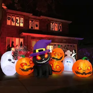 Halloween Inflatables Outdoor Decorations 8 FT Long Funny Pumpkin Black Cat Blow Up Lanterns Built-in LED Lights with Ghost Tombstone Scary Yard Decoration for Holiday Party Outside Lawn