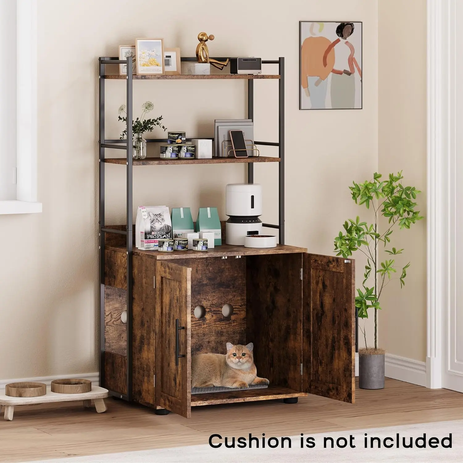 【Christmas Gift】Forty Eight Point Five Inch Tall Cat Litter Box Enclosure with Three Shelves Stylish Two Brown Litterbox Wood