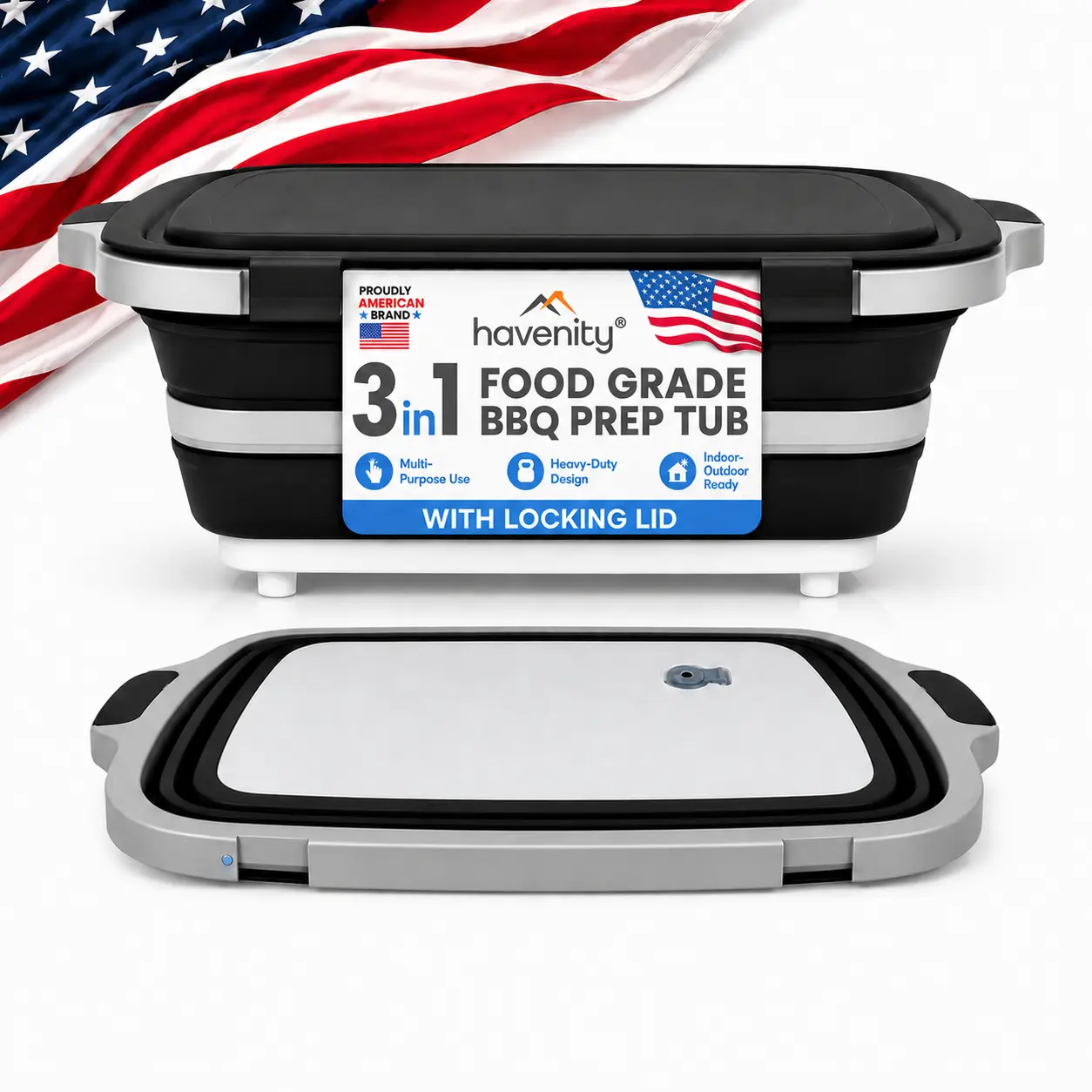 Havenity BBQ Prep Tub, Multifunctional Camping Cutting Board with lid, Meat Prep Tub for Meal Prep Marinating Food, Tailgate Container with Lid, Collapsible Food Storage Containers Gifts Boyfriend,Husband and Father BBQ Brisket Starter Kit (Black)) summer