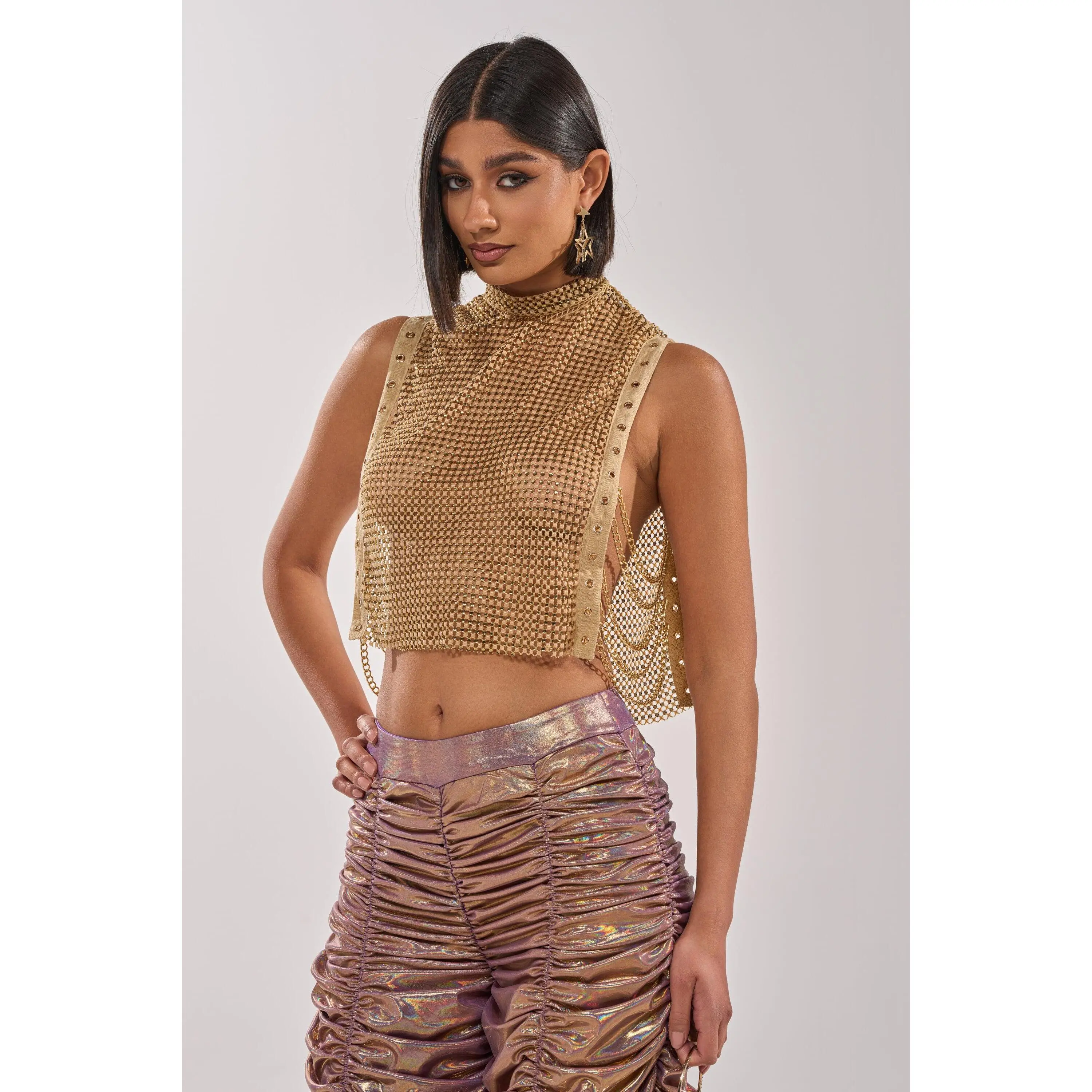 TEARS IN THE CLUB OPEN SIDES MOCK NECK RHINESTONE MESH BLOUSE