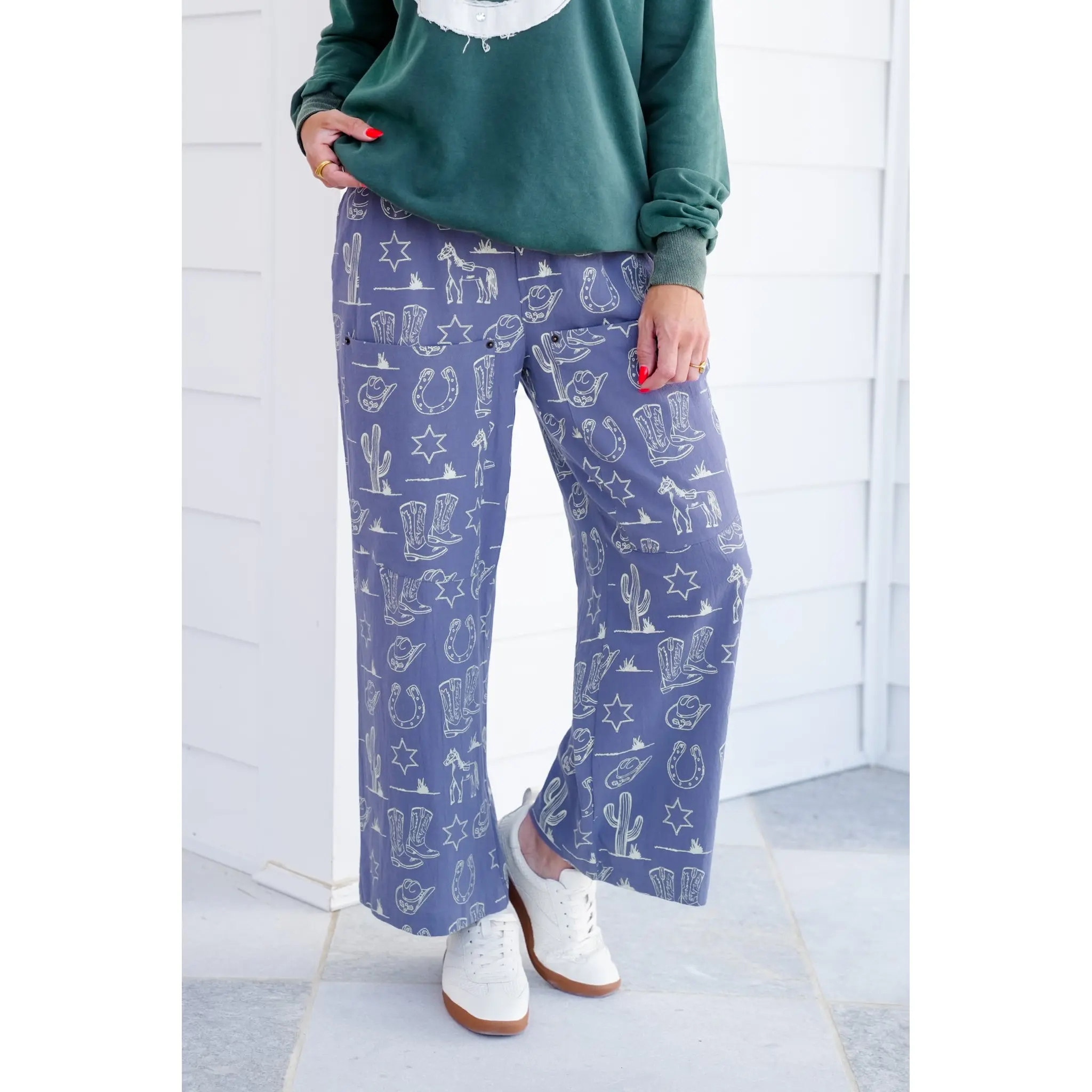 Western Print Pants with Patch Pockets Western Print Pants with Patch Pockets