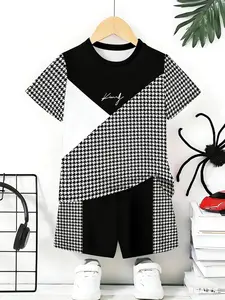 Boys' Casual Short Sleeve Set, Husky Boy Clothes, Checkered Print T-Shirt & Shorts, Breathable Comfort Two-Piece Summer, Fitted Style
