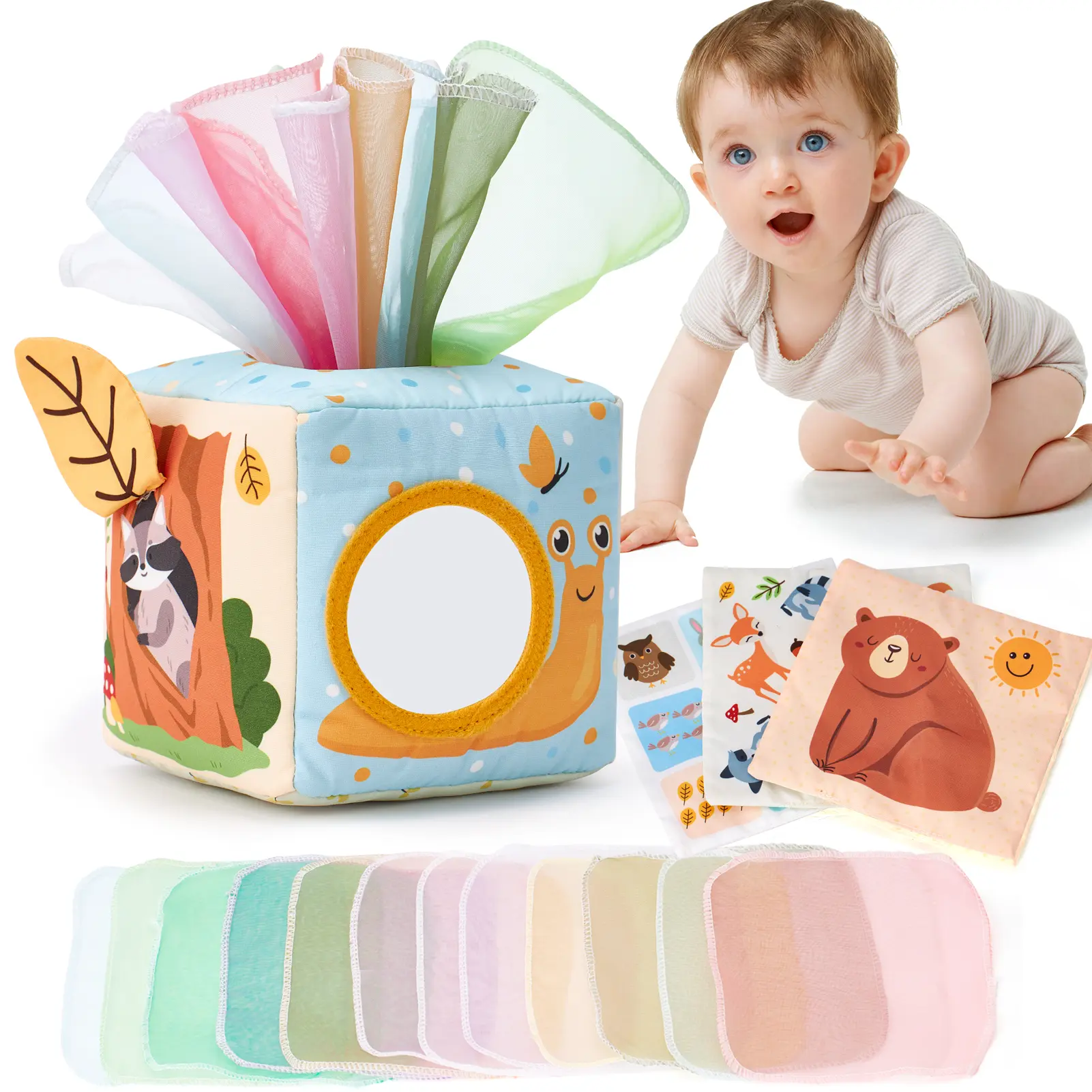 Hahaland Baby Tissue Box Toy-Stuffers 6-18 Months Old Sensory Pulling Play Scarf Toy Montessori Toys Must Haves Valentines Day Baby Gifts Easter Basket Stuffers Creative Magnetic Blocks Math Learning Blocks
