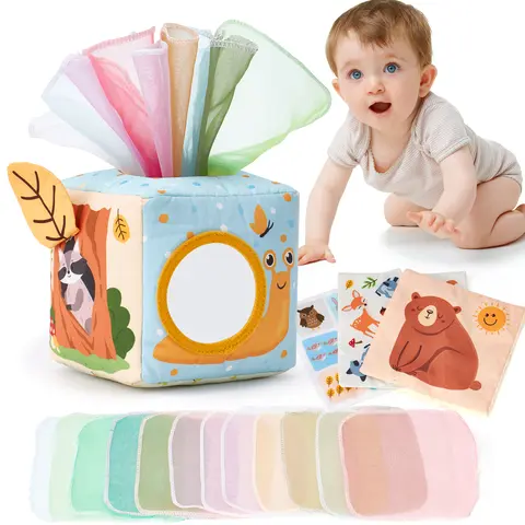 Hahaland Unisex Baby Tissue Set Toy with Silk Scarf Stuffers - 6-18 Months Sensory Pulling Play, Montessori Early Education Toys, Math Learning Blocks with Early Math Cues, Animals & Nature Themed, 9 Month Old/1 Year Old Christmas Gift Item,familyfun