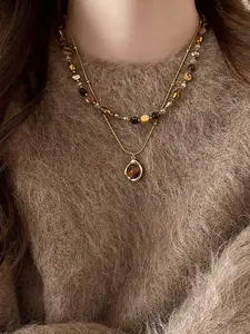 2pc Vintage Double-Layer Tiger Eye Pendant Necklace, Elegant Multi-Layer Clavicle Chain Jewelry for Women, Dainty Layering Jewelry, Gemstone Accessories for Daily & Party Wear, Exquisite Jewelry Gift, Fashion Jewelry Accessories