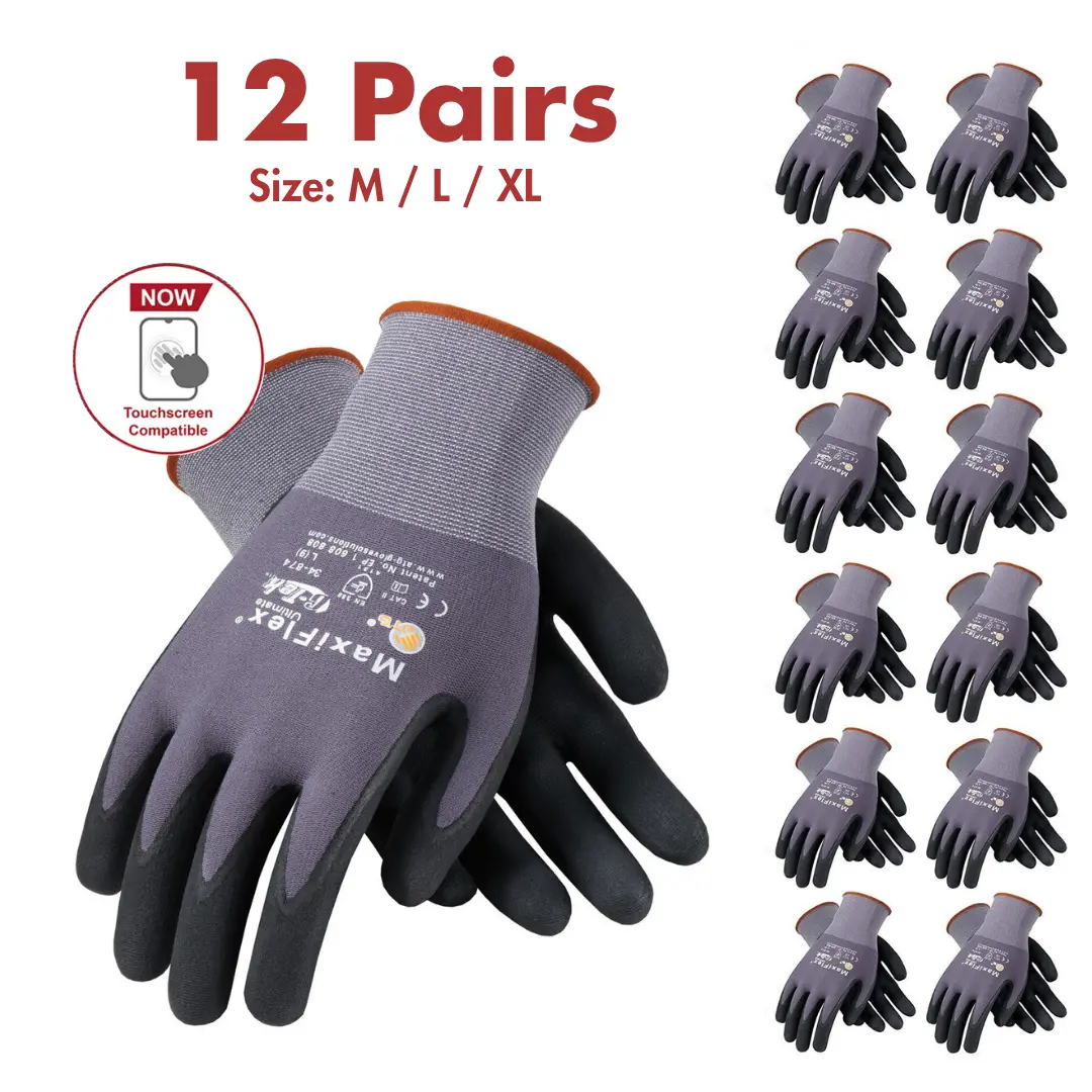 6 - 12 - 24 Pairs MaxiFlex Work Gloves – Guantes Para Trabajo MaxiFlex – Micro-Foam Nitrile Coated – Breathable, Durable, Anti-Slip for Construction, Gardening