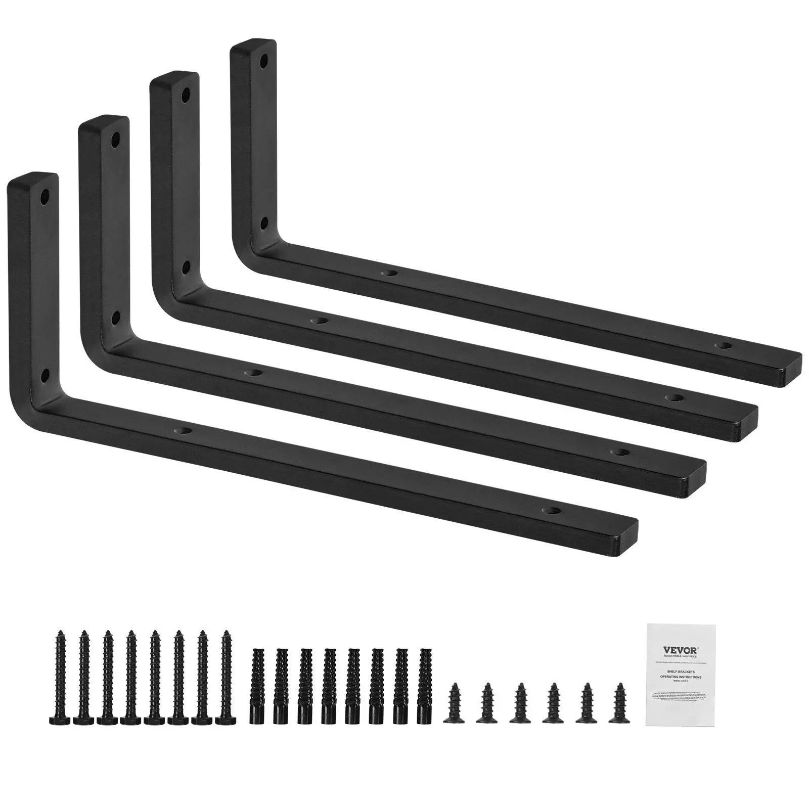 【Fallpicks】VEVOR Durable Heavy Duty Floating Shelf Brackets, 4 Pcs 16x6 in 10mm Thick Matte Black L-Shaped Cast Iron Wall Brackets, 160 lbs Load Capacity, Adjustable, Mounted Vertically for Hanging Shelf, Kitchen Home Decor