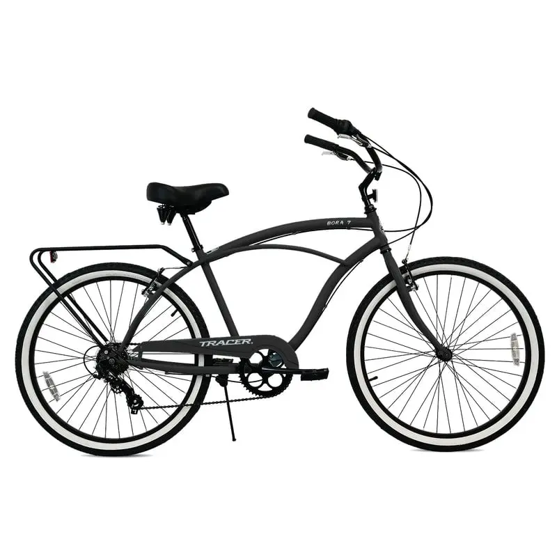 Tracer Bora Adults' 7-Speed Matte Black Spoke Alloy Wheels Cruiser Bike - 26-Inch White Wall Tires, Rear Rack, Durable, Easy Stopping, Spoke Alloy Wheels Cruiser Bikes