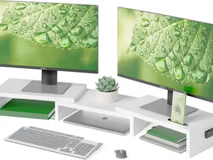 Dual Monitor Stand Riser with Smartphone Holder, Adjustable Length & Swivel Angle - Wooden Desktop Organize