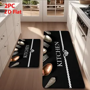 2/3pcs Soft Flannel Kitchen Mat Set, Retro Spoon & Woven Rope Pattern, Non-Slip, Absorbent, Home Decor,Black, Kitchen Runner Rug