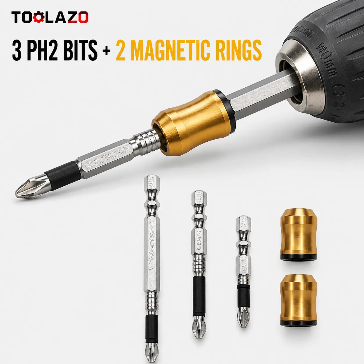 TOOLAZO Magnetic Ring Holder Set with 3 PH2 S2 Steel Hex Shank Screwdriver Bits, 1/4 in Hex Guide for Power Drills, 50/70/100mm Bit Kit for DIY Users, Furniture Assembly, Ferrous Screws Handling gifted tool gift, Magnetic Screw Holder, Home Improvement, P