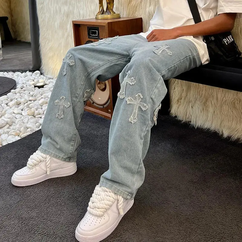 SOPULA Men's Fashion Jean Bottoms, Streetwear Ripped Denim with Criss Cross Patch, Straight Leg Washed Casual Pants for Menswear, Front+Back Print, Sporty Chic, Streetwear Energy, Male Clothing, Fashion Jeans, Cotton-Spandex