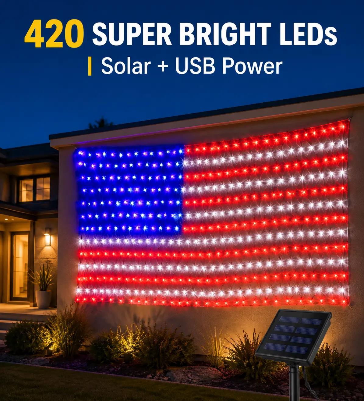echosari Solar American Flag Lights Outdoor – 420 Super Bright LEDs, Solar + USB Dual Power, IP65 Waterproof, Remote with 8 Modes & Timer, 6.5ft x 3.28ft Patriotic Net Light for July 4th, Memorial Day, Independence Day Decorations