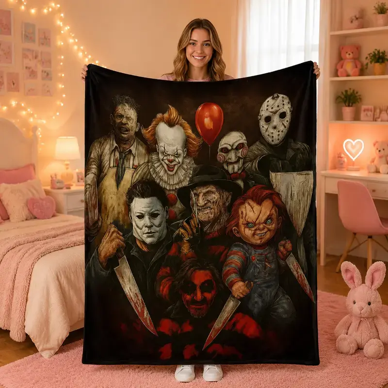 Anti-Shedding Classic Horror Icons HD Prints Flannel Throw Blanket, Super Soft Cozy Fleece Gothic Blanket for Home-Couch, Indoor-Outdoor Halloween Gift for Horror Fans