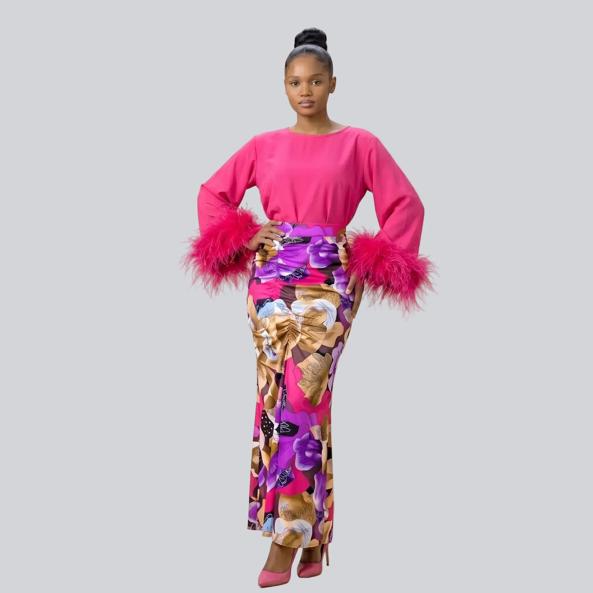 Plume Feather-Cuff Two-Piece Set – Handmade Ruched Maxi Skirt & Feather Trim Top, Elegant Modest Co-ord for Parties, Dinners & Special Evenings