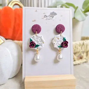 La Clay Dreams Spiderweb Polymerclay Earrings with Artificial Pearl Dangle - Unique Design & Colorful Floral Accents