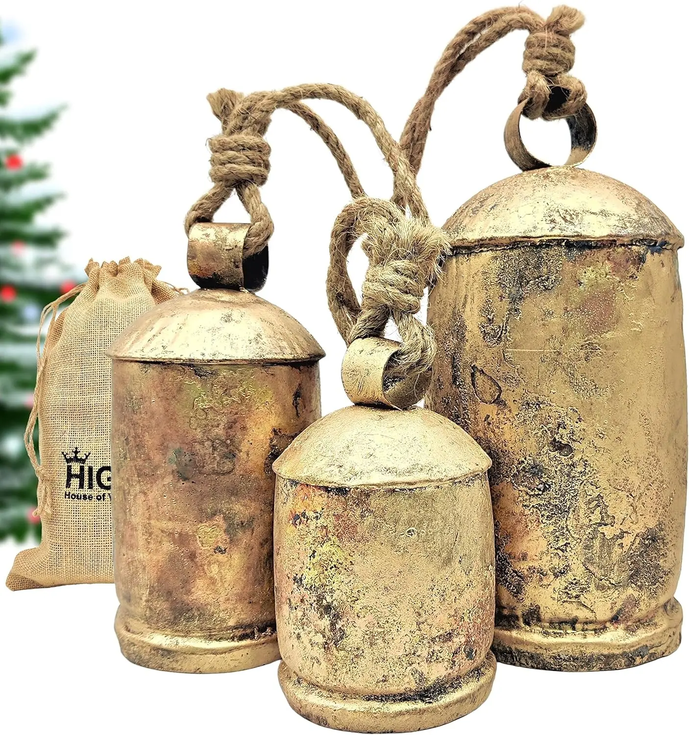 Set of 3 Giant Harmony Cow Bells Huge Vintage Shabby Chic Handmade Rustic Lucky Christmas Hanging XL Bells On Rope Country Rustic (Extra Large)