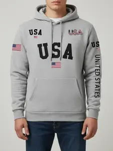 Unisex Fall Winter Fleece Hoodie, Flag Print, Drawstring Design, Casual Graphic Sweatshirt, Comfortable and Stylish