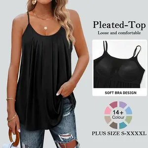Women's Cute Summer Tank Top with Built in Bra Loose fit Casual Flowy Swing Pleated Cami Vest Adjustable Strap Sleeveless Soft Womenswear, Regular Size Camisole, Plus Size Clothing