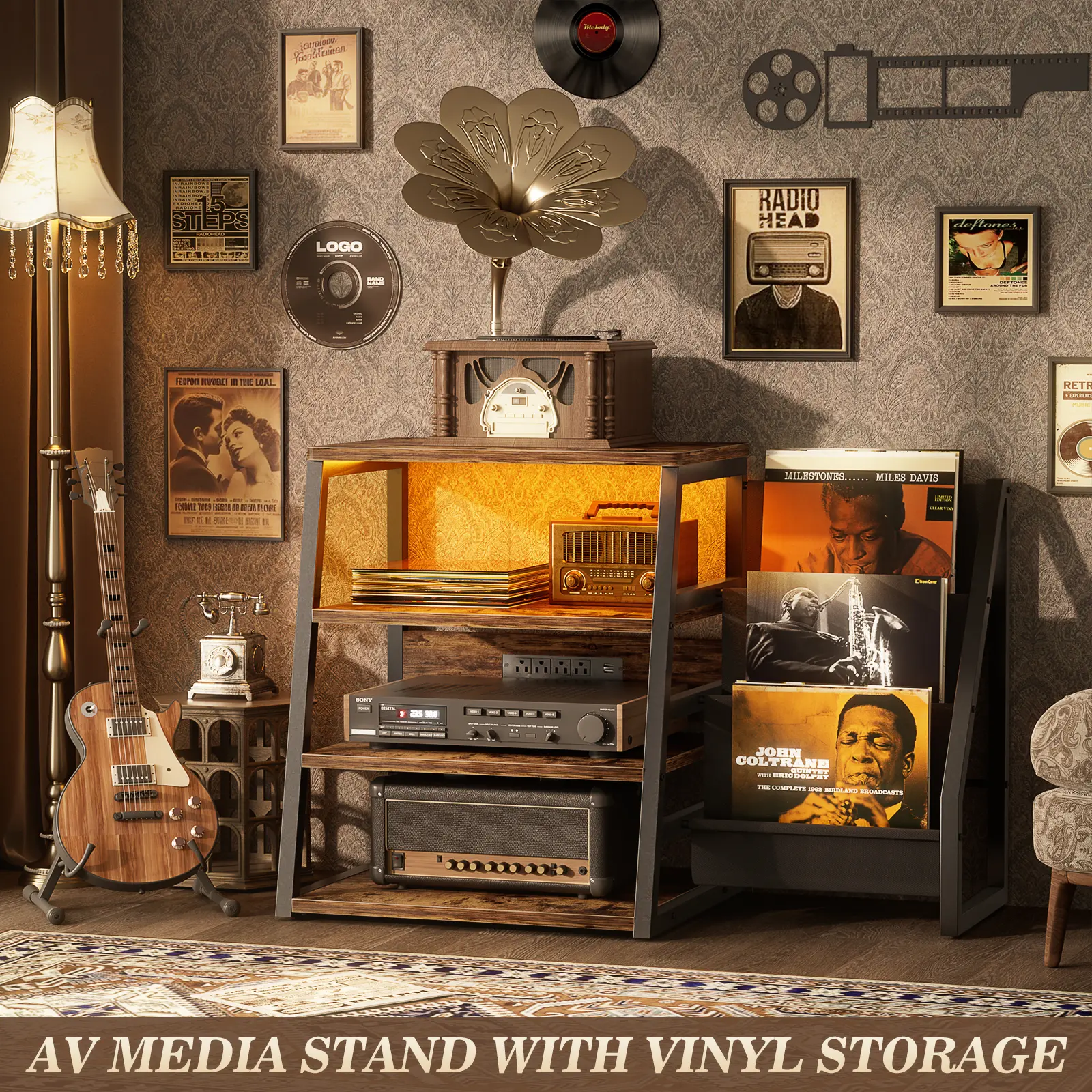 4 Tiers AV Media Stand with Outlets, Stereo Stands and Racks with Vinyl Storage, Stereo Stand with Record Storage, Audio Stereo Rack Cabinet, Turntable Console Stand with LED lights