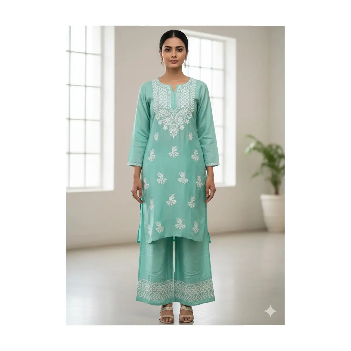 #LKH-8 Elegant Sea Green Lucknowi Chikankari Kurta & Palazzo Set